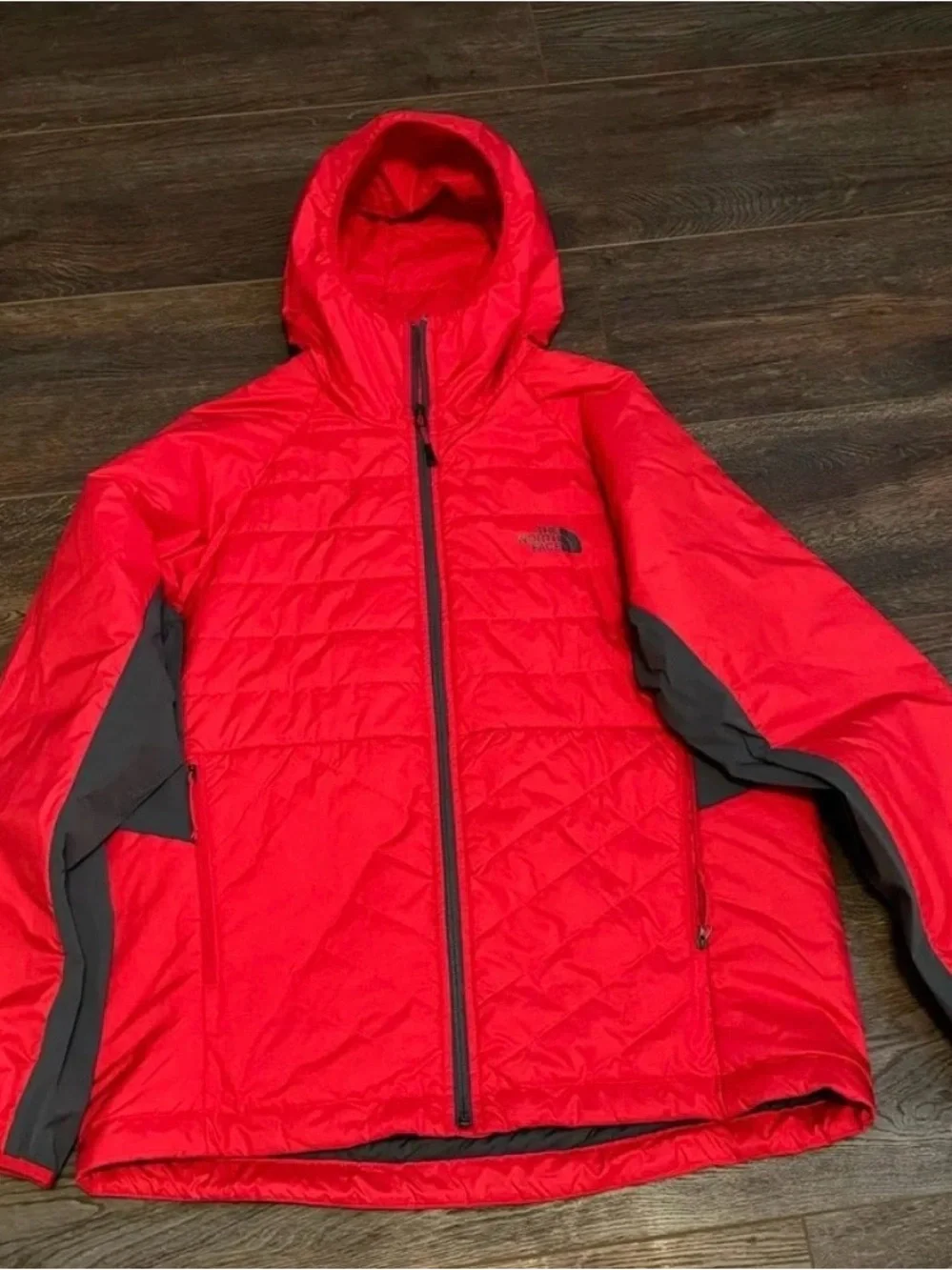 The North Face Red Hooded Puffer Jacket with Gray Panels